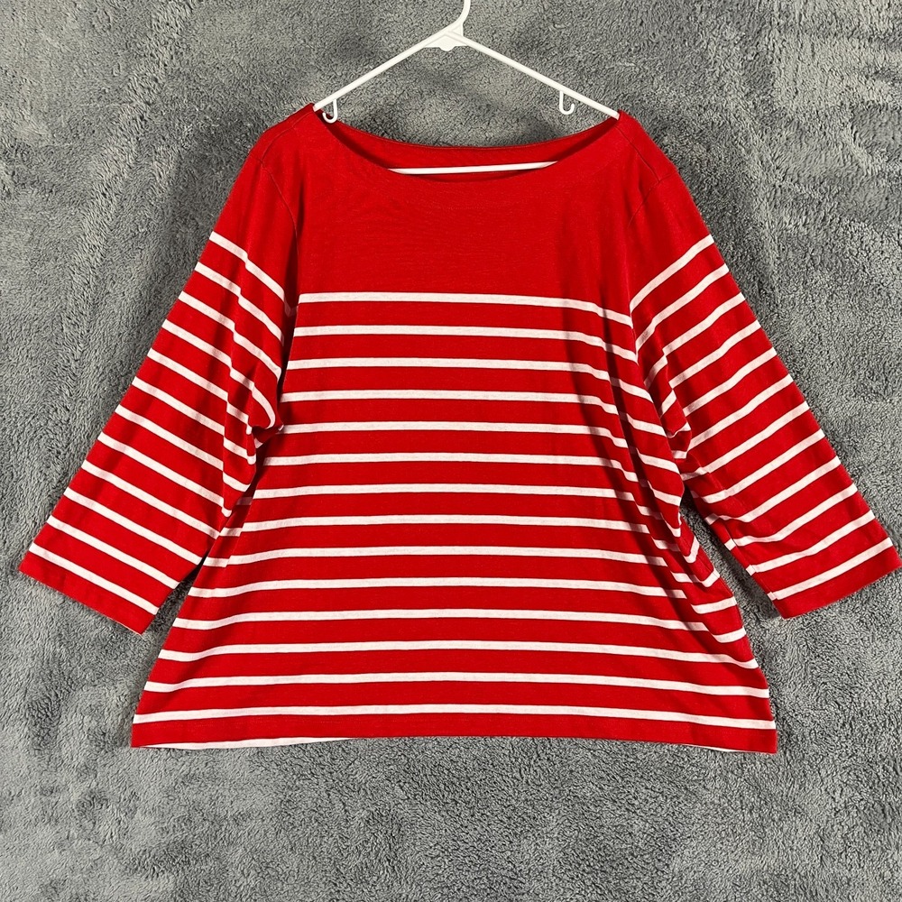 Lands' End Shirt Top Womens 3X Red White Striped Long Sleeve Boat Neck Pullover